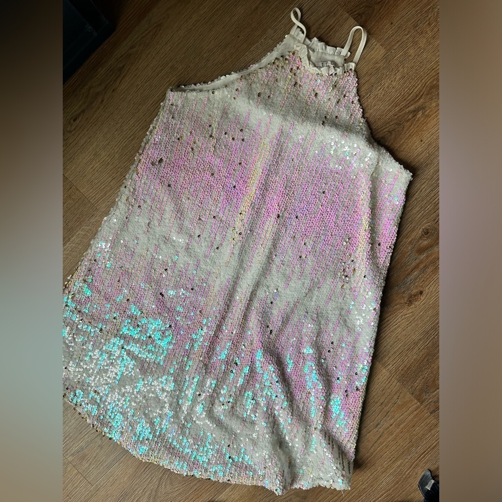 TCEC White and pink sequin halter high mini neck dress. Size small.
